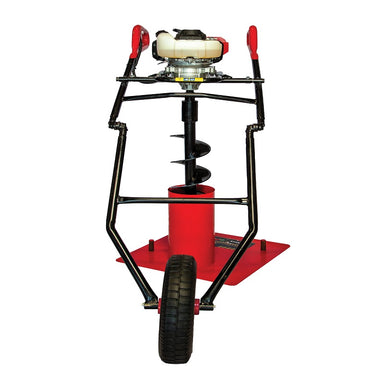 Front view of the Bullmax BMEAW-H50HD wheeled earth auger, showcasing its robust single wheel base, ergonomic handlebars, and vertically mounted auger bit powered by a Honda engine. Ideal for one-person post hole digging in landscaping or fencing applications.