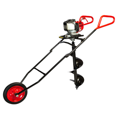 Bullmax BMEAW-H50W one-man wheeled earth auger with Honda GX50 4-stroke engine. Features dual red handles, single pneumatic wheel, and heavy-duty auger bit—engineered for efficient post-hole digging in landscaping and rural fencing applications with user-friendly mobility.