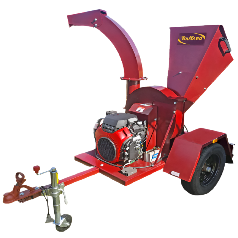The Truyard C130 Chipper with Honda GX690 engine chips branches up to 130mm. Road towable with electric keystart, durable steel construction, and a 360° rotating chute for easy mulch discharge. Ideal for efficient garden waste cleanup.