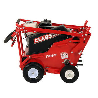 A red Classen TA18 compact aerator shown in its folded position with visible wheels, black engine, and sturdy metal frame, displayed on a plain white background for a clean product presentation.