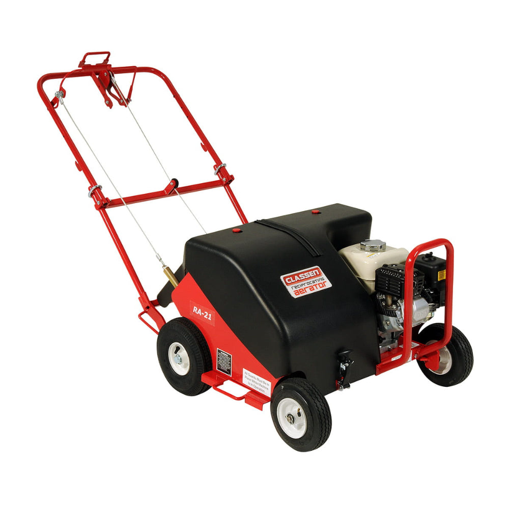 Classen RA-21H reciprocating aerator main view in white background featuring a black and red frame with a visible Honda engine, four sturdy wheels, and an ergonomic foldable handle. Designed for core aeration of turf and lawns.