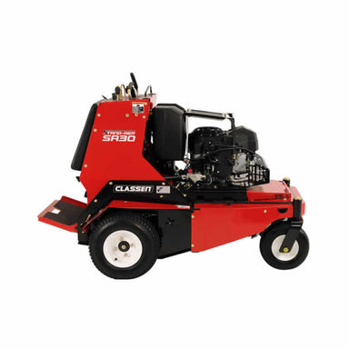 Right Side view of the Classen SA-30A PRO Stand-On Aerator featuring a robust red frame, exposed Vanguard engine, wide rear tire, compact front caster, and elevated operator deck. Industrial-grade design with clear model labeling suited for professional lawn care tasks.
