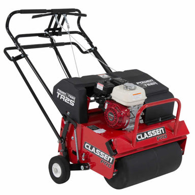 Classen PRO POWERSTEER Aerator TA-25DA main view showing red steel body, white Honda GX engine, dual black fuel tanks labeled “POWER STEER,” handlebar controls, rear transport wheels, safety bar, and front drum housing and frame.