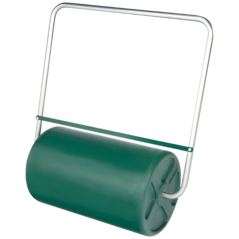 60L lawn roller with green cylindrical drum and silver metal handle, lightweight design for flattening soil and grass, photographed from a front-side angle on a plain white background, ideal for lawn maintenance and turf preparation.