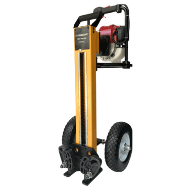 Crommelins post puller with durable yellow steel frame, heavy-duty wheels, and powerful Honda engine, designed for quick and efficient removal of star pickets and posts, ideal for fencing contractors, landscapers, and agricultural applications.
