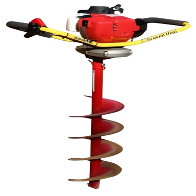 Crommelins Groundhog compact post hole digger with Honda engine, sturdy yellow handles, and large red auger drill bit, photographed from a front-side angle on a plain white background, designed for single-user operation in fencing and landscaping projects.