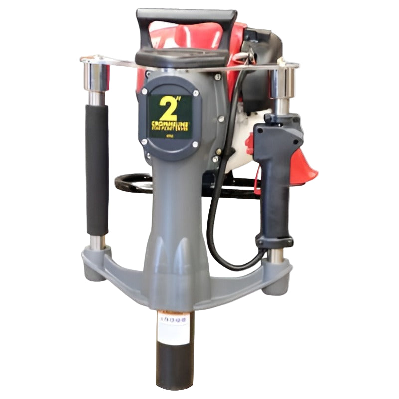 Crommelins 2-inch Star Picket Driver with Honda engine, heavy-duty design for driving posts efficiently, featuring dual handles, robust metal housing, and ergonomic grip for professional fencing and landscaping work.