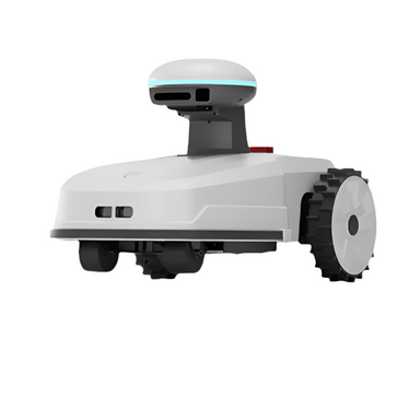 The FJ Dynamics FR4000 robotic lawn mower shown from a front-side angle on a white background. Features include its sleek white body, large traction wheels, onboard navigation sensors, and a domed RTK unit on top for precise autonomous mowing.