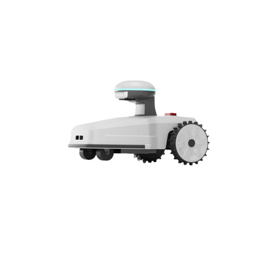 Side view of the FJD FR4000 robotic lawn mower, highlighting its low-profile white housing, rugged traction wheels, and elevated sensor dome. Designed for precision mowing with advanced navigation systems, suitable for large-scale autonomous lawn maintenance across varied terrains.