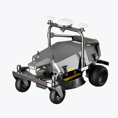 FJ Dynamics RM21 heavy-duty robotic lawn mower in metallic gray with four antennas, rugged tires, and reinforced frame. Designed for large-scale or commercial landscaping, the machine features a front guard bar and control panel, set against a plain white background.