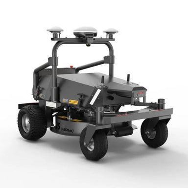Left side view of the FJ Dynamics RM21 heavy-duty robotic lawn mower in metallic gray with four antennas, rugged tires, and reinforced frame. Designed for large-scale or commercial landscaping, the machine features a front guard bar and control panel, set against a plain white background.
