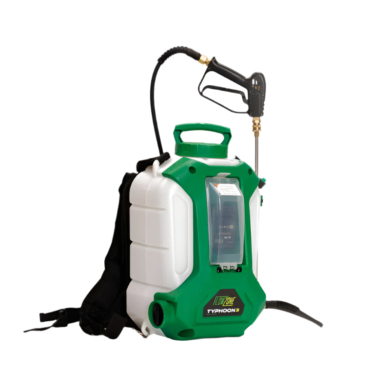 FlowZone Typhoon G3 is a high-performance backpack sprayer designed for professional-grade spraying tasks. With a powerful battery-operated pump, variable pressure control, and a durable design, it delivers consistent spray output for efficient application of chemicals, fertilizers, or disinfectants. Ideal for landscaping, pest control, and industrial use.