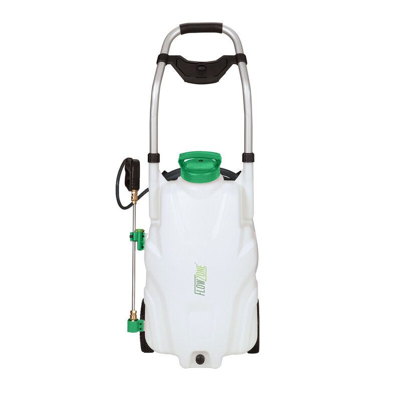 FlowZone Monsoon 2.5 battery-powered trolley sprayer with 34L white tank, green lid, sturdy handle, and attached spray wand, mounted on wheels for easy transport, photographed from the front view on a plain white background.