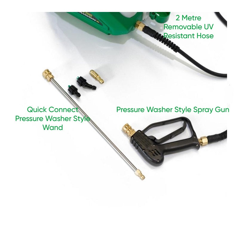The image displays components of a FlowZone Typhoon Battery Backpack Sprayer system, specifically highlighting accessories related to its spray gun and hose.