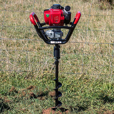 Bullmax BMEA-H35 single-operator earth auger with Honda GX35 4-stroke engine. Designed for lightweight post-hole digging, it features ergonomic handles, a visible recoil start, and a compact auger bit actively boring into the ground—ideal for fencing and landscaping work