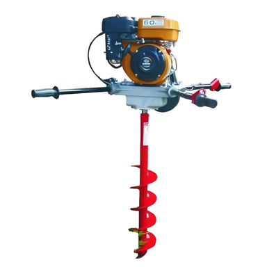 Groundhog two-person post hole digger with durable 6.0hp petrol engine, wide ergonomic handles, and red auger drill bit, photographed from the front view on a plain white background, designed for digging precise holes in soil for fencing and landscaping.