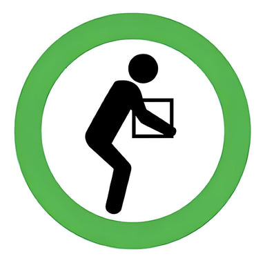 Safety icon showing a black silhouette of a person properly lifting a box with bent knees and straight back, enclosed in a green circular border. Represents safe manual handling for loads under 30kg, emphasizing correct lifting posture.
