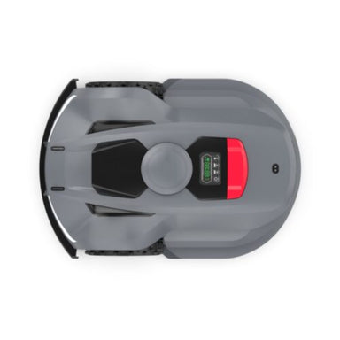 Top view of the Moebot Acre Eater robotic lawn mower showing its sleek grey design, LED display, and durable wheel tread for automated precision cutting.