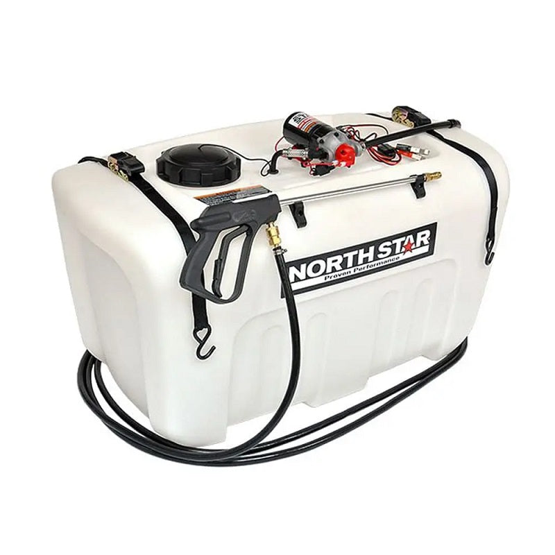 NorthStar 12V ATV sprayer with a 200-litre capacity tank, heavy-duty hose, and precision spray wand, designed for efficient weed control and spot spraying applications.