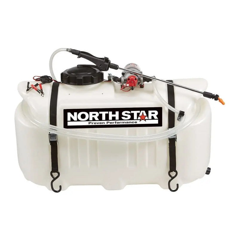 NorthStar 98-litre 12V ATV sprayer featuring a durable polyethylene tank, high-performance pump, adjustable spray wand, and secure mounting straps for effective field or garden spraying.