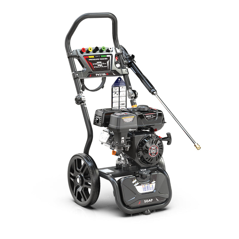 Rato PW3100-H petrol pressure washer with 2600–2700 PSI output, featuring a durable OHV engine, large wheels, ergonomic handle, soap applicator, and quick-connect spray nozzles. Ideal for cleaning driveways, cars, decks, patios, and outdoor surfaces with reliable performance.