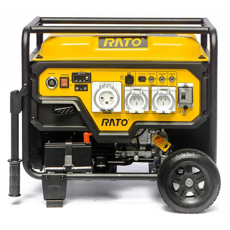 Front view of the Rato R6000iD-3 open frame inverter generator, showing yellow fuel tank, sturdy black frame, and control panel with multiple outlets, switches, and start button. Built for 9500W peak and 5000W running power with portability.