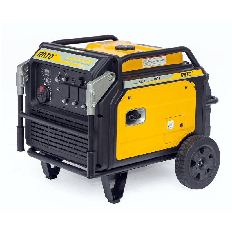Rato R8000iE 7.5kW inverter generator shown at a three-quarter front angle. The unit features a bright yellow housing with black steel frame, sturdy wheels, control panel with multiple outlets, and protective corner guards for durability in heavy-duty outdoor power use.