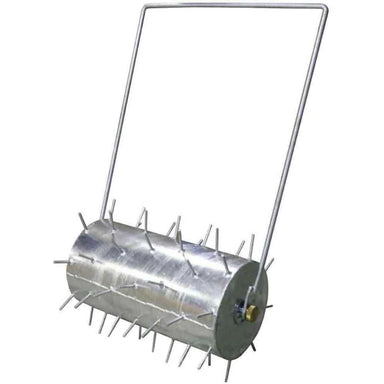 Steel lawn aerator roller with cylindrical drum covered in evenly spaced spikes and a tall silver metal handle, photographed from a front-side angle on a plain white background, designed for perforating soil to promote healthy grass growth