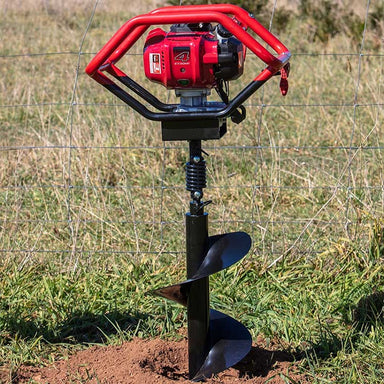 Bullmax BMEA-H50 two-person earth auger equipped with a powerful Honda GX50 4-stroke engine. Features a dual-handle design for stability and a sharp auger bit actively drilling into the soil—perfect for fencing and post-hole digging in rugged terrain
