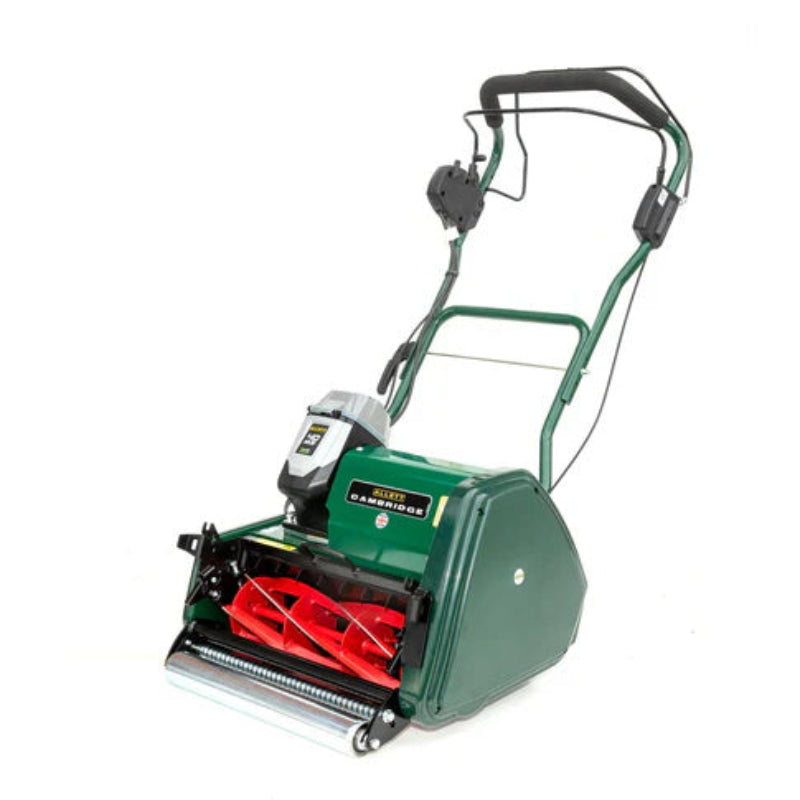 Allett 17-inch Cambridge cordless cylinder mower equipped with a 40V battery system, featuring red precision blades and a durable green steel body for professional lawn cutting.