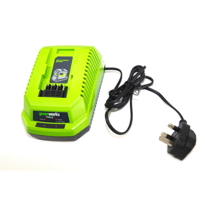 Greenworks 40V universal battery charger for Allett Liberty and Cambridge cordless mowers, featuring a bright green housing, indicator lights, and UK power plug.