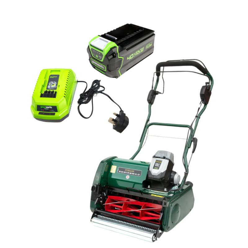 Allett Cambridge 43 cordless cylinder mower shown with Greenworks 40V lithium-ion battery and charger, featuring precision blades and self-propelled design for professional lawn care.