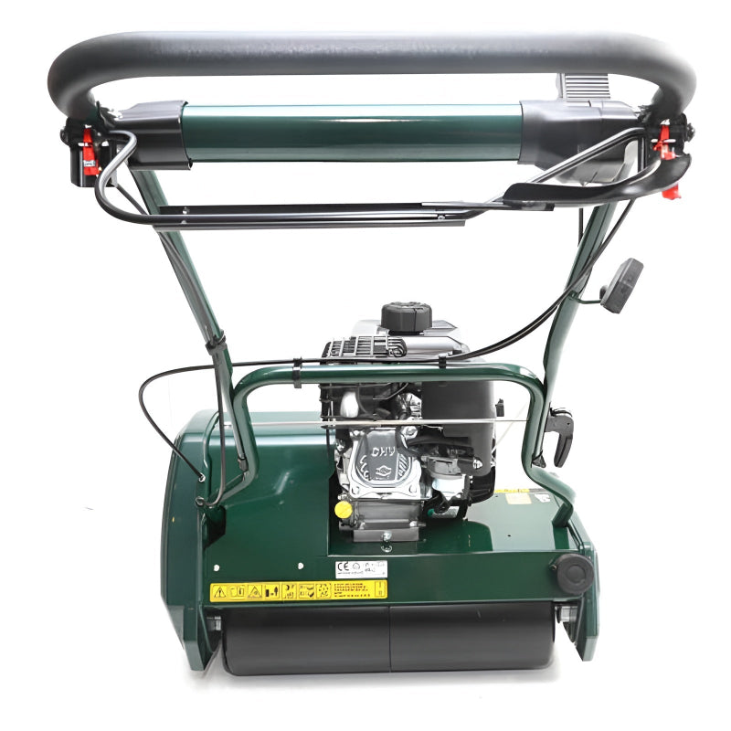 Front view of Allett Kensington 20H petrol cylinder mower with red cutting reel, British flag branding, and rear roller for professional striped lawns.