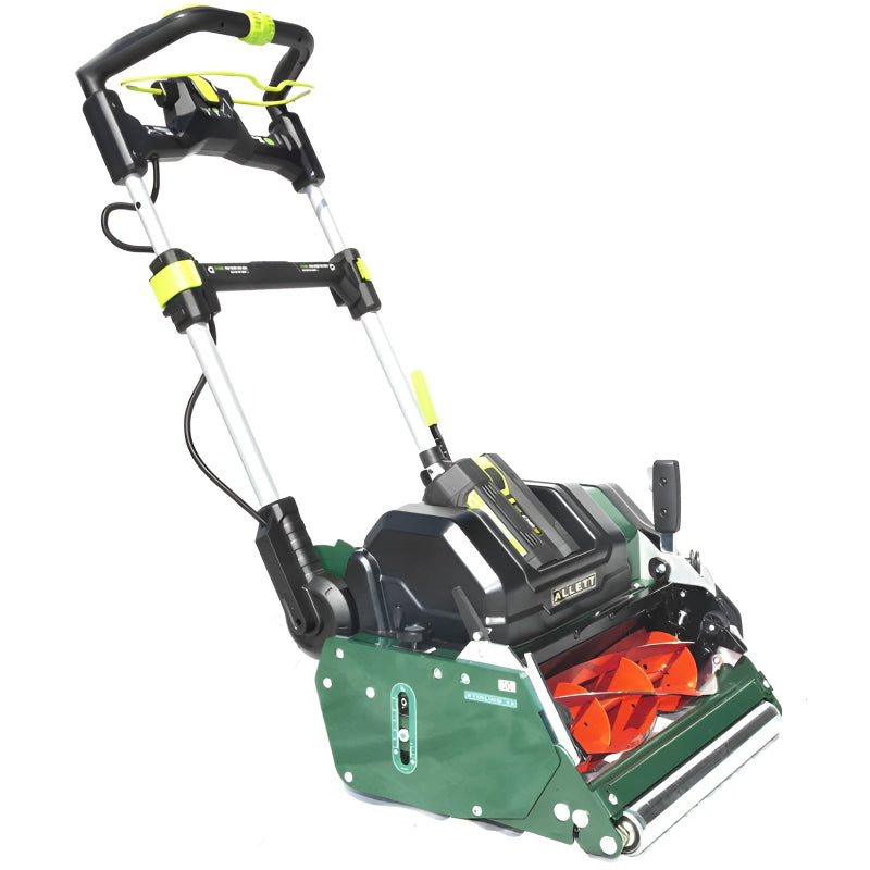 Allett Stirling 51 premium 20-inch battery-powered cylinder mower with advanced controls, dual battery system, and precision reel for professional lawn finishe