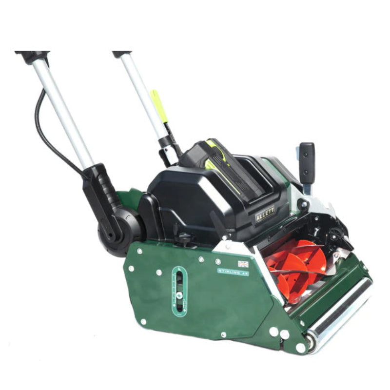 Allett Stirling 51 20-inch cordless lawn mower with precision reel blades, ergonomic handle design, and powerful battery system for professional turf care.