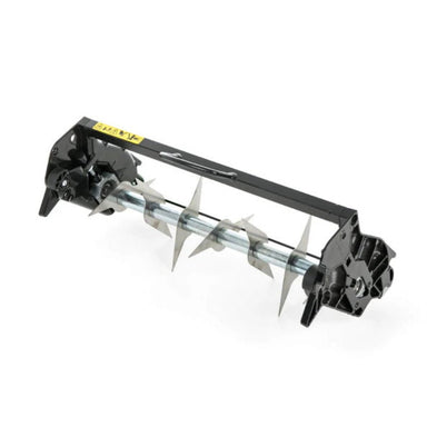 The Allett 17" Aerator Quick Change Cartridge features a central silver metal axle equipped with four sharp, triangular steel slitting blades. This non-driven assembly is mounted within a robust black frame with an integrated top handle and a yellow safety label, all professionally displayed against a clean white background.