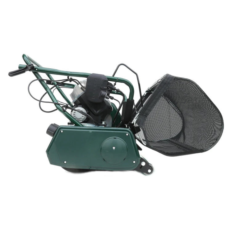 Side view of the Allett 17-inch Cambridge battery-powered cylinder mower showing the mesh grass catcher and compact 40V battery system for efficient, quiet lawn mowing.