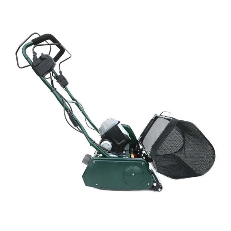 Side profile of the Allett 17-inch Cambridge battery-powered cylinder mower showing its ergonomic handle design, 40V battery placement, and mesh grass catcher attached