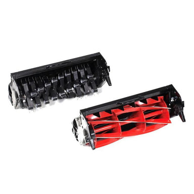 Allett 17-inch scarifier quick change cartridge shown alongside a red cutting reel, featuring durable steel blades for effective lawn dethatching and easy interchange with compatible cylinder mowers.