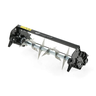 The Allett 20" Aerator Quick Change Cartridge features a central silver metal shaft equipped with several sharp, triangular steel slitting blades. This assembly is mounted within a robust black frame featuring a top handle for easy handling and a silver gear on one end, all set against a clean white background.