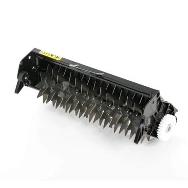 The Allett 20" Verticut Quick Change Cartridge features a rotating cylinder with numerous star-shaped silver blades designed for vertical mowing. The assembly is housed in a sleek black frame with a top handle and a white plastic drive gear on the right, shown against a plain white background.