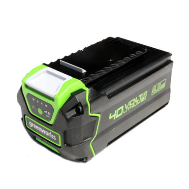 Greenworks 40V 4.0Ah lithium-ion battery designed for Allett Liberty and Cambridge cordless mowers, featuring a compact black and green casing with charge indicator lights.
