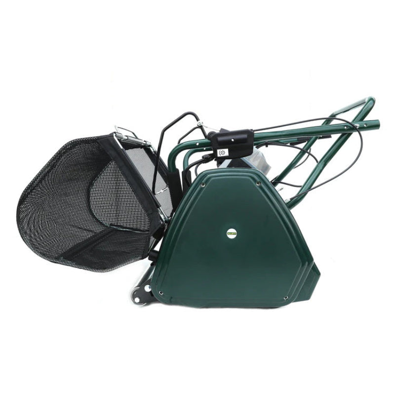 Profile view of the Allett Cambridge 17-inch battery-powered cylinder mower with grass catcher attached, showcasing its compact design and efficient electric motor housing.