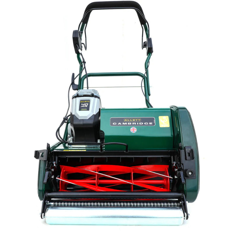 Front view of the Allett Cambridge 17-inch cordless cylinder mower showing precision-engineered red cutting blades, 40V lithium battery, and robust steel roller for professional striped lawns.