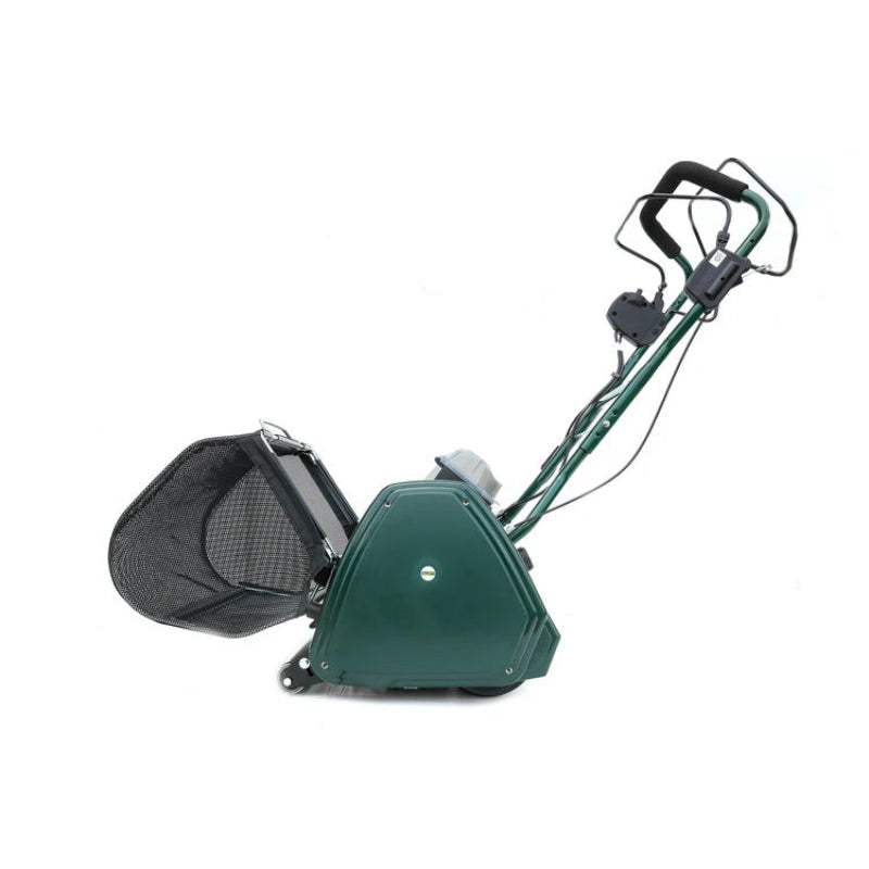 Side view of the Allett Cambridge 17-inch battery-powered cylinder mower showing the grass catcher, ergonomic handle, and 40V motor design for precise and quiet lawn cutting.