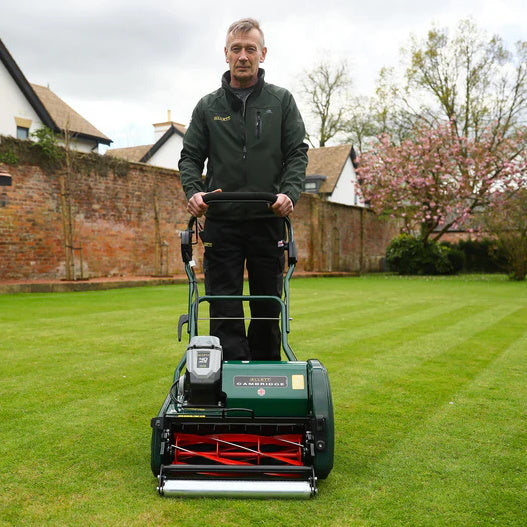 Person using the Allett Cambridge 17-inch battery-powered cylinder mower on a neatly striped lawn, demonstrating its precision cutting and smooth self-propelled operation.