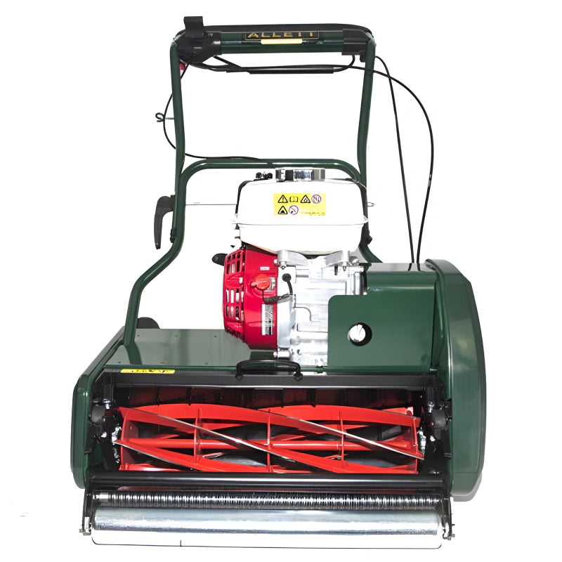 Front view of Allett Kensington 20H petrol cylinder mower showing its 6-blade cutting reel, Honda GX120 engine, and rear roller for precision lawn striping.