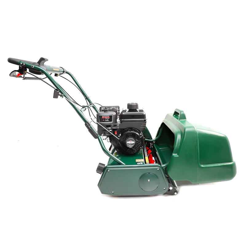 Side profile of the Allett Kensington 20H petrol cylinder mower showing the grass catcher, precision cutting reel, and Honda GX120 engine for fine lawn care.