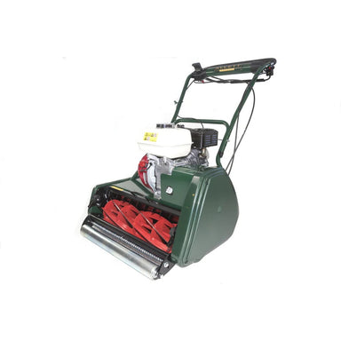 Allett Kensington 20H petrol cylinder mower with Honda GX120 engine, precision 20-inch cutting width, and rear roller for a striped professional finish on fine lawns.