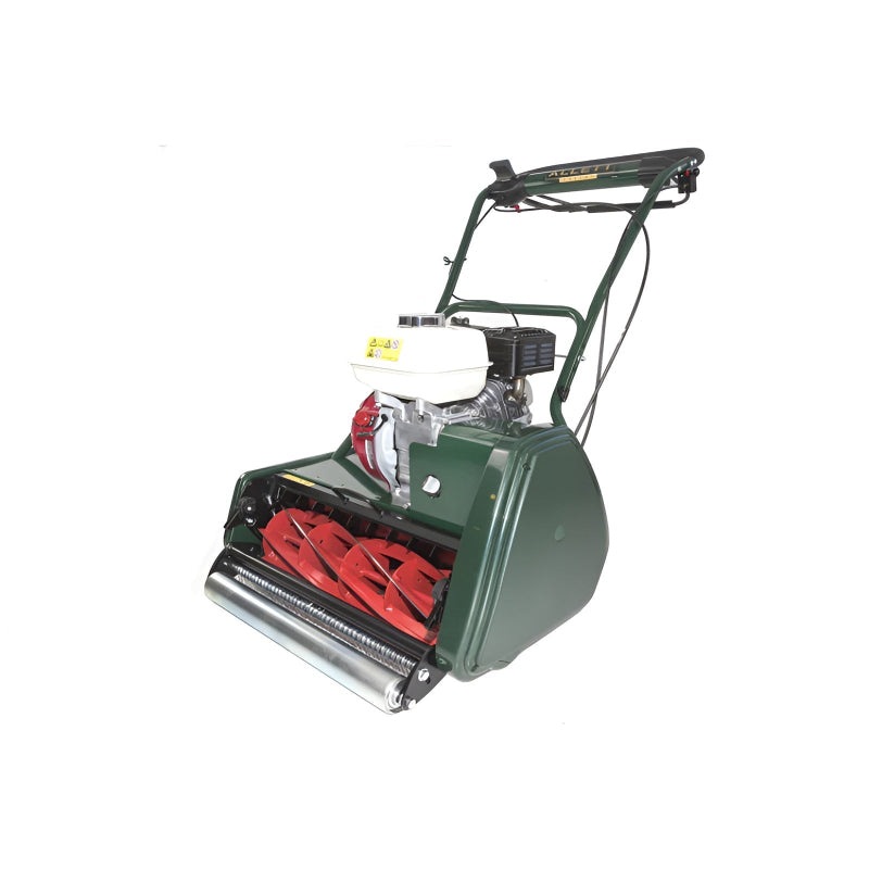 Allett Kensington 20H petrol cylinder mower with Honda GX120 engine, precision 20-inch cutting width, and rear roller for a striped professional finish on fine lawns.